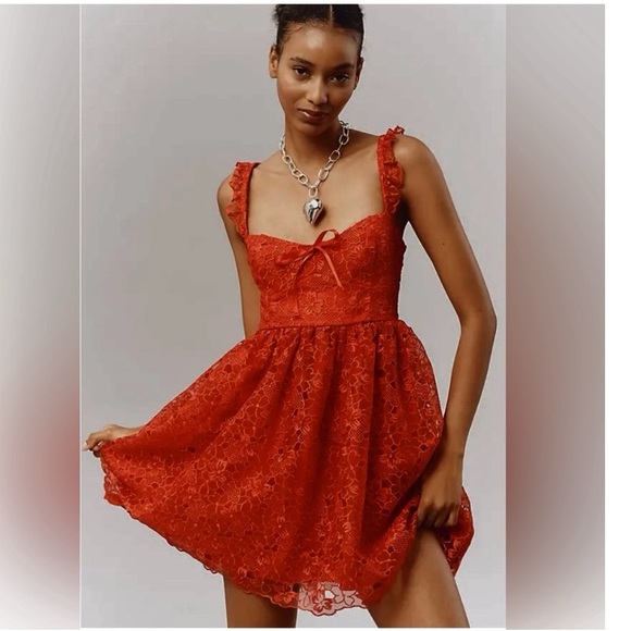 ANTHROPOLOGIE Ruffle Strap Corset Lace Mini Dress Lipstick Red Size XS NEW